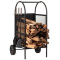 Gardenised Indoor and Outdoor Patio Iron Firewood Log Cart with Wheels and Fireplace Tool Set, Black QI004553